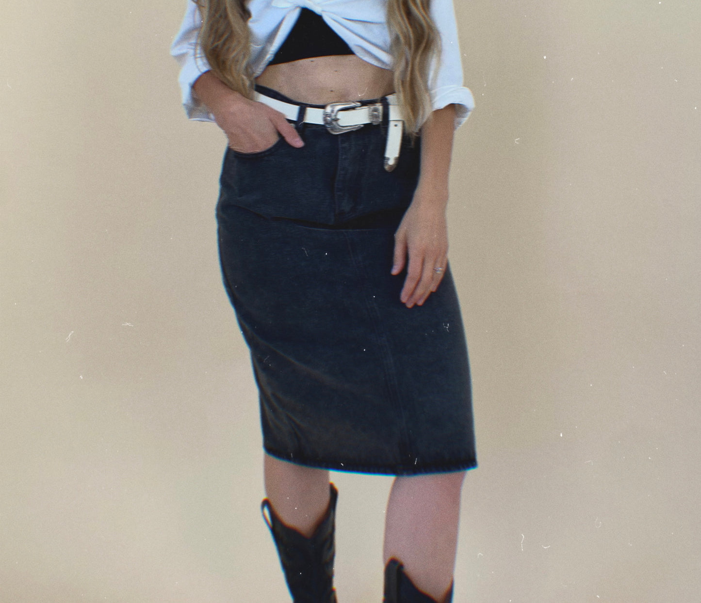 Curtain Call Dark Denim Midi Skirt